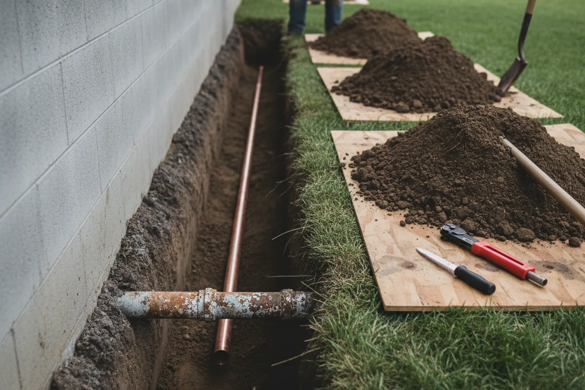 Excavated water line trench during Sewer Line Repair in Lester
